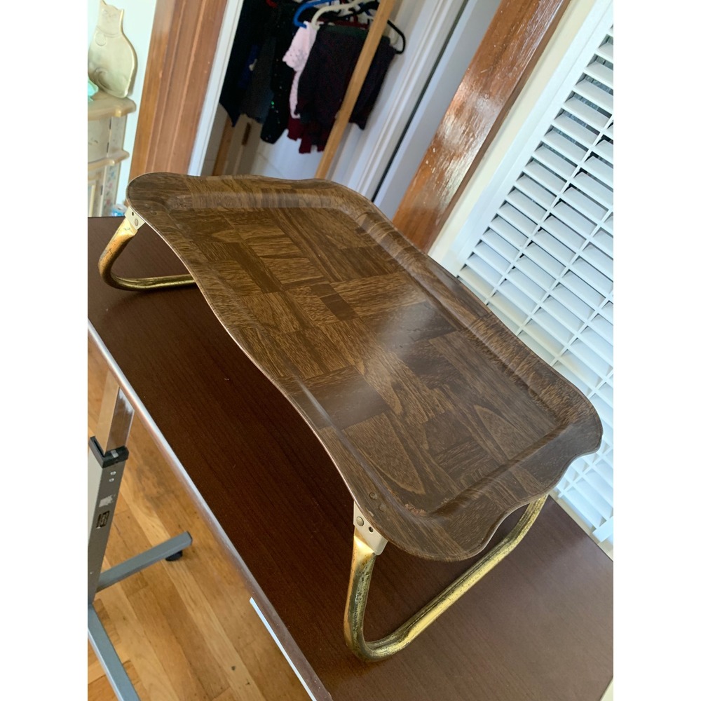 Vintage Mid Century Faux Wood Grain Metal Folding Bed Tray Gold Legs